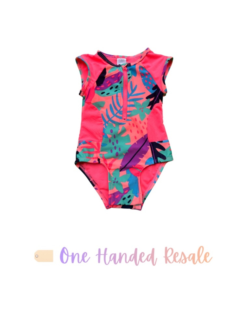 🏖️ Cat & Jack Kids Neon Pink Tropical Zip Up One Piece Girls Swimsuit 18M